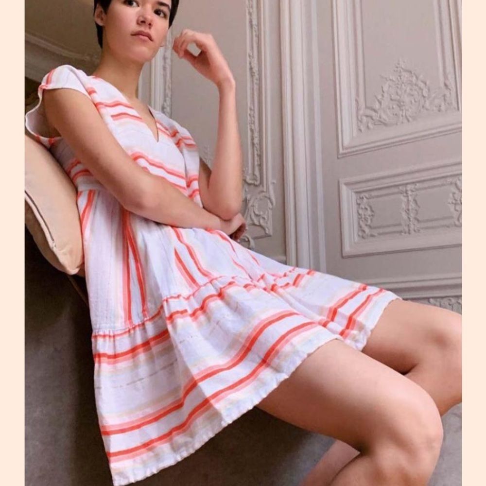 Lemlem Striped Fiesta Dress Orange Pink V neck M